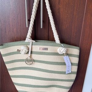 Green and Cream Striped Rope-Handle Tote